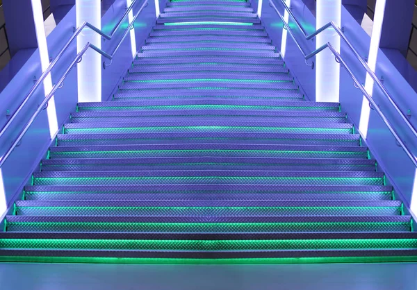 Fondo futurista de led violeta verde iluminado escaleras de metal —  Fotos de Stock