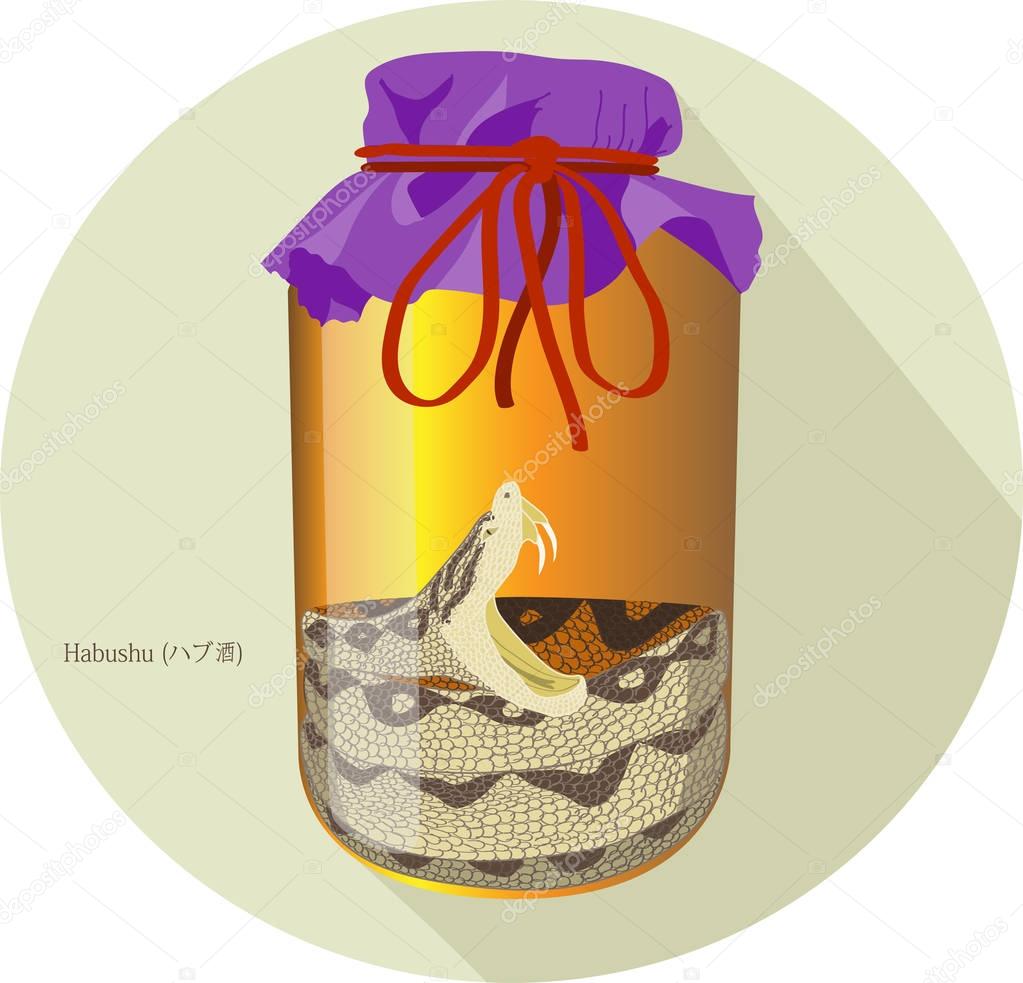 Hand drawn vector illustration of Habushu (), Habu Sake or Okinawan Snake Wine - an awamori-based liqueur made in Okinawa, Japan