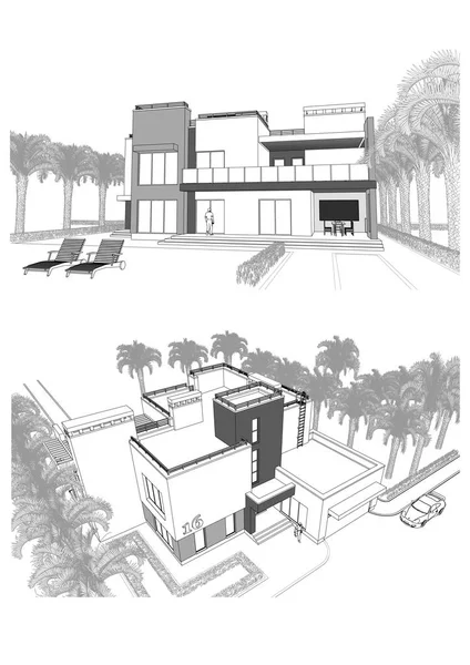 Esquisse Immeuble Privé Moderne Avec Terrasse Entouré Palmiers Différents Points — Photo
