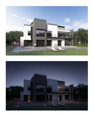 3D render bir modern özel evin arka bahçesinde görünümüyle şezlonglar, Araba, Bisiklet, yeşil çim, insanlar ve ağaçlar gündüz ve gece. Teras, yangın yeri ve lounge bölge. 