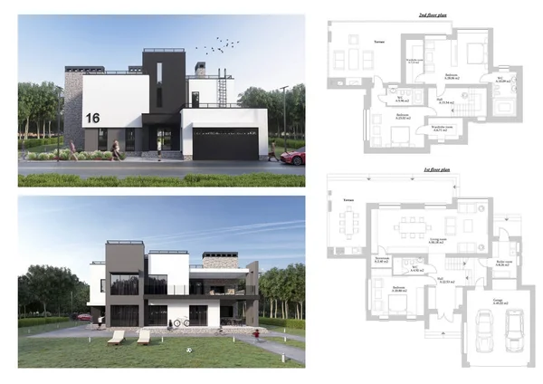 şezlonglar, Araba, Bisiklet, yeşil çim, insanlar ve ağaçları ile modern bir özel ev, cephe ve arka bahçesinde görünümü 3D render. Teras, yangın yeri ve lounge bölge. Kat planı düzeni