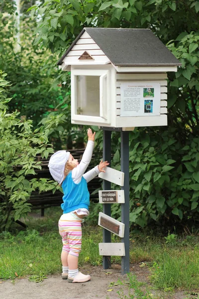 Una Ragazzina Che Cerca Prendere Libro Una Biblioteca Pubblica Quartiere — Foto Stock