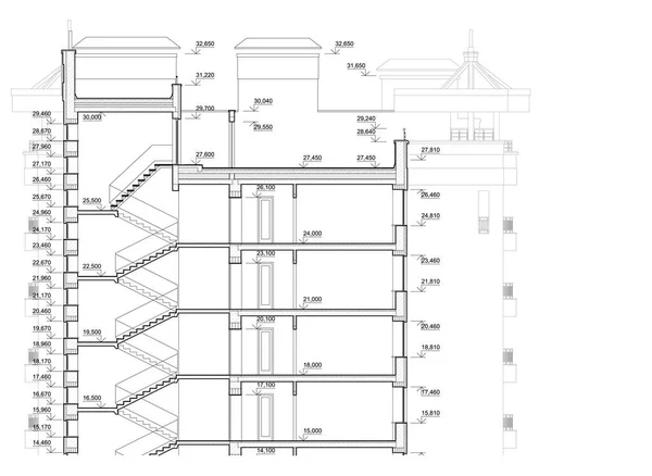 Detailed architectural plan of multistory building. Cross-section view. Vector blueprint. Architectural background. — Stock Illustration Detailed Architectural Plan Multistory Building Cross Section View Vector Blueprint Royalty Free Stock Illustrations