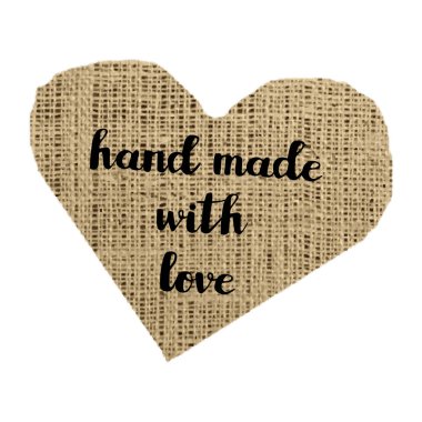 Çuval çanta çuval bezi doku kalp ve siyah fırça el el yazı sevgi ile yapılan yazılı. Vektör çizim