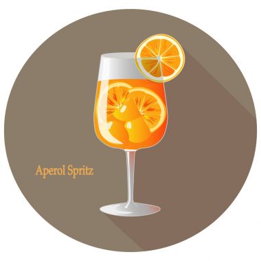 El Aperol Spritz alkol ile bir narenciye Portakal dilim dekorasyon, kokteyl vektör çizim uzun gölge ve metin ile birlikte bir kahverengi bir dairede çekilmiş. Bar menüsü