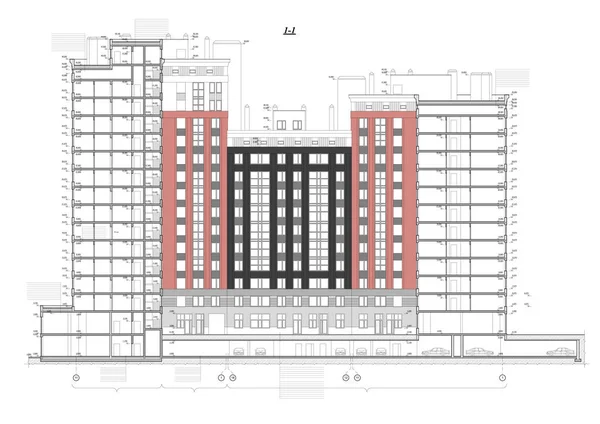 Çok öykülü binanın yeraltı garajına park ile detaylı Mimari planı. Kesit görünümü. Vektör blueprint. Mimari arka plan.