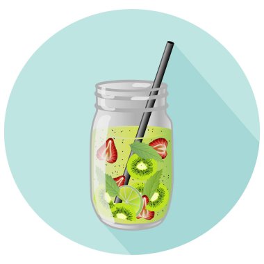 Meyve vektör çizim ev yapımı su veya agua fresk mason kavanoza bir siyah saman ve uzun gölge tasarım ilham. Kireç, kivi, çilek ve nane karışımı