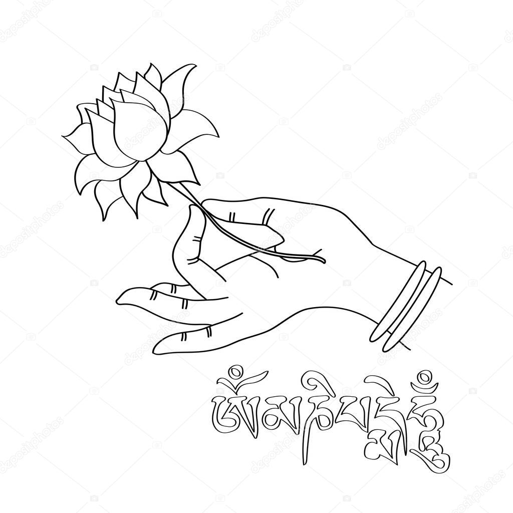 Hand drawn hand of Buddah with lotus flower and sanskrit mantra Om mani padme hum