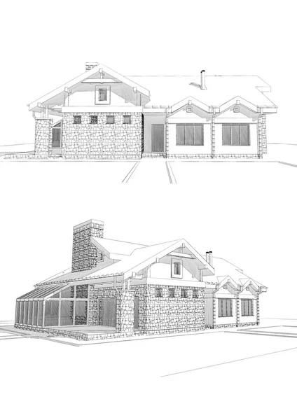 Pencil Sketch Illustration Modern Private House Different Points View Facade — Stock Photo, Image