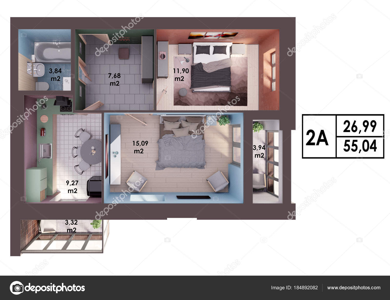 Render Plan Layout Modern Two Bedroom Apartment Top View Stock Photo Image By C Mr Ptica 184892082