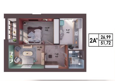 3D render planı / modern iki odalı bir daire, üstten görünüm yerleşimini