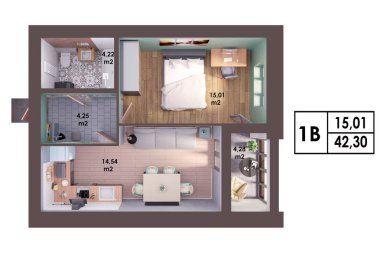 3D render planı / modern bir tek yatak odalı daire, üstten görünüm yerleşimini