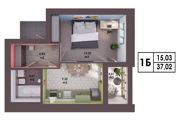 3D render planı / modern bir tek yatak odalı daire, üstten görünüm yerleşimini