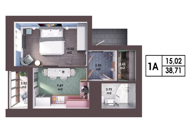 Renderplan Layout Einer Modernen Ein Zimmer Wohnung Draufsicht — Stockfoto