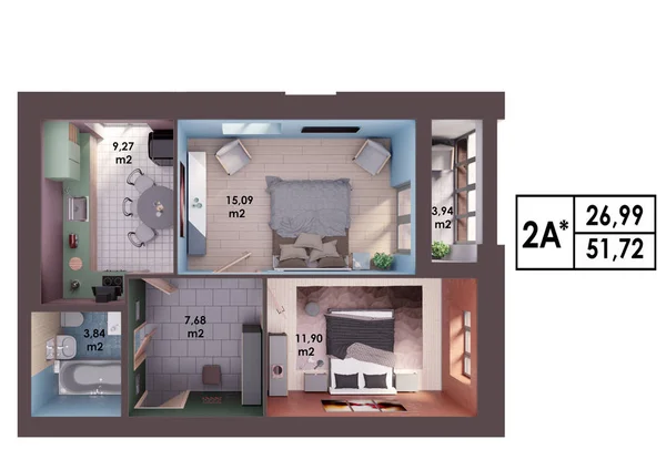 3D render planı / modern iki odalı bir daire, üstten görünüm yerleşimini