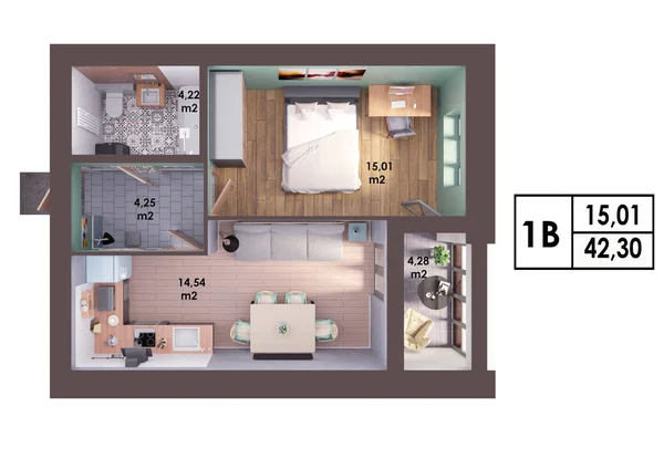 3D render planı / modern bir tek yatak odalı daire, üstten görünüm yerleşimini
