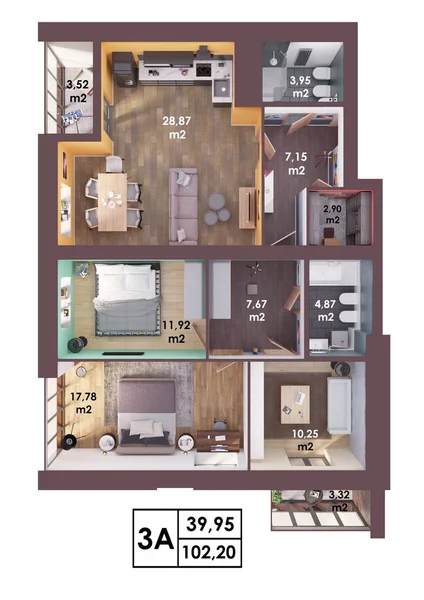 Render Plan Lay Out Van Een Modern Drie Slaapkamerappartement Bovenaanzicht — Stockfoto