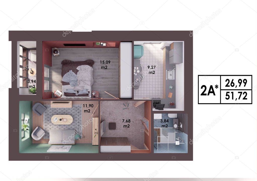 3d render plan / layout of a modern two bedroom apartment, top view