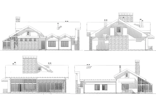 Croquis Crayon Illustration Une Maison Privée Moderne Différents Points Vue — Photo