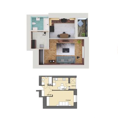 3D render planın ve maketin modern bir tek yatak odalı daire, üstten görünüm