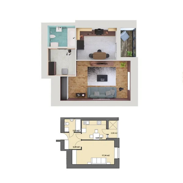 Plan Rendu Disposition Appartement Moderne Une Chambre Vue Sur Dessus — Photo