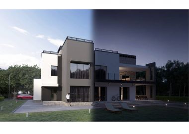bir modern özel evin arka bahçesinde görünümü şezlonglar, Araba, Bisiklet, yeşil çim, insanlar, Teras, yangın ile 3D render yerleştirin ve bölge lounge. Gün transfer geceye