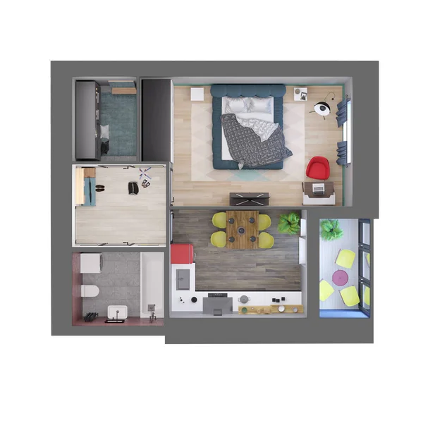3D render planı ve bir modern renkli Tek Yatak Odalı Daire, üstten Görünüm düzenini
