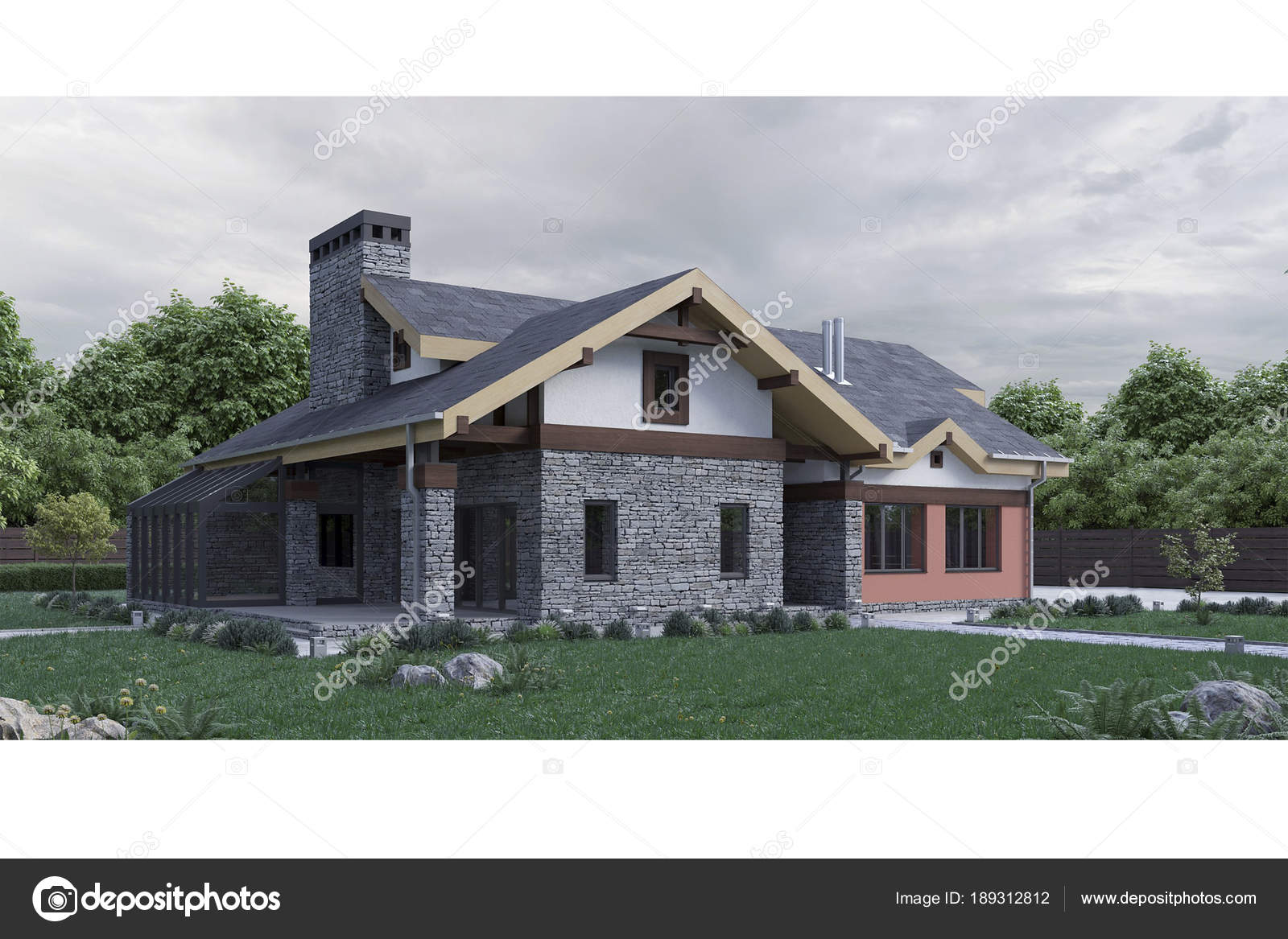 Render una fachada casa moderna textura piedra con c sped for Casa moderna render