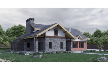 modern özel ev taş doku cephe yeşil çim ve ağaçları ile 3D render. 