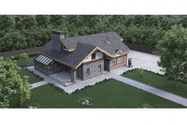 modern özel ev taş 3D render doku cephesi ile yeşil çim ve ağaçların, izometrik, kuş bakışı manzaralar