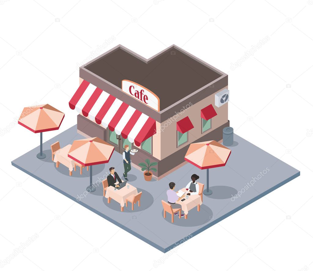 Open air or sidewalk city cafe, flat vector isometric