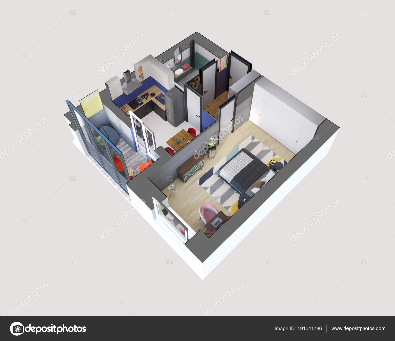 Render Plan Layout Modern Colorful One Bedroom Apartment