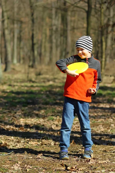 Sunlit Full Length Portrait Boy Learning Play Frisbee — Stock Photo, Image