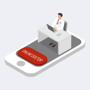 Smartphone kavramı, izometrik vektör çizim üzerinden online doktor Danışma