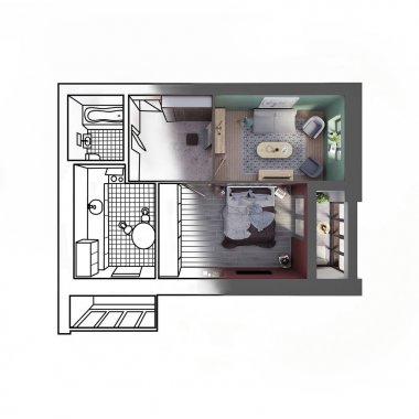 Gerçekçi bir 3d rendering ile zıt modern iki odalı bir daire taslağını taslak, görünümü top