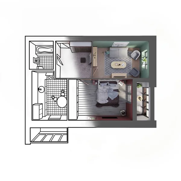 Ontwerp Van Schets Van Een Modern Twee Slaapkamerappartement Contrasteren Met — Stockfoto