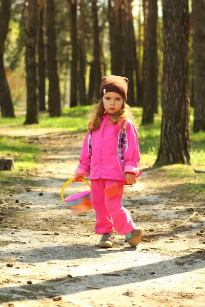 Vrolijke Peuter Meisje Poseren Het Zonovergoten Voorjaar Forest — Stockfoto