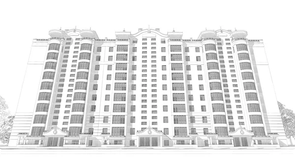 Desenho Lápis Ilustração Moderno Edifício Vários Andares Fachada Exterior Design — Fotografia de Stock