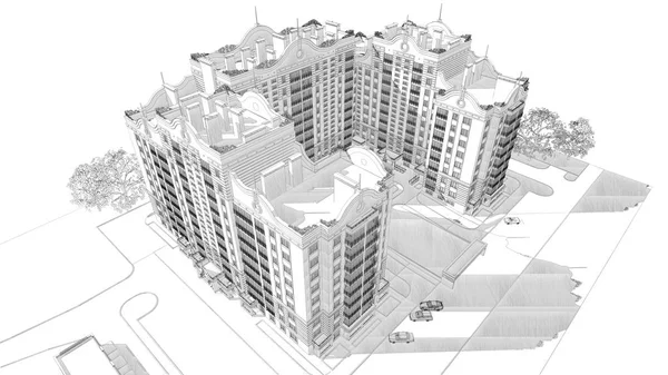 3D kalem kroki modern çok öykülü konut bina ve peyzaj tasarım, çatı üstten görünüm çizimi
