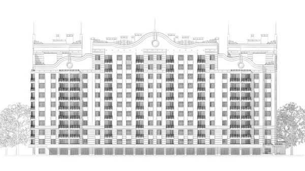 Croquis Crayon Illustration Bâtiment Moderne Plusieurs Étages Façade Extérieure Jardin — Photo