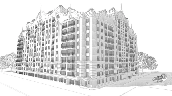 Bleistiftzeichnung Illustration Eines Modernen Mehrstöckigen Gebäudes Außenfassade Und Hof Landschaftsgestaltung — Stockfoto