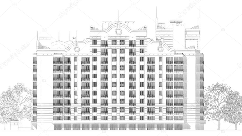 3d pencil sketch illustration of a modern multistory building exterior facade and yard landscape design