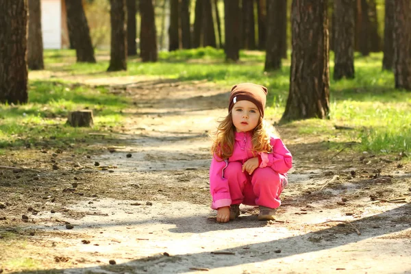 Cheerful Toddler Girl Posing Sunlit Spring Forest — Stock Photo, Image