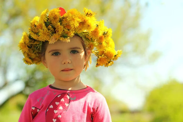 Springtime Portrait Cute Two Years Old Girl Posing Dandelion Wreath Royalty Free Stock Images
