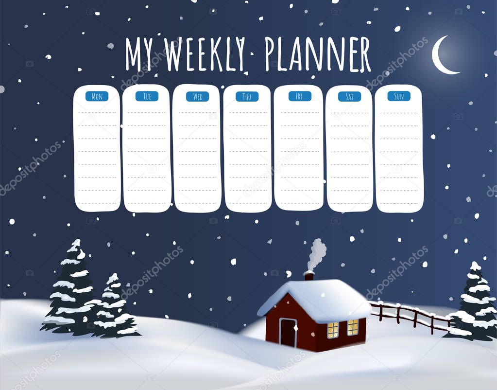 Vector winter snowfall night hand drawn weekly planner, schedule template. 