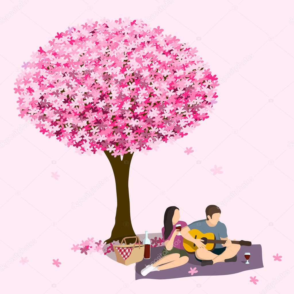 Hand drawn couple having a picnic under blooming pink sakura tree, hanami concept, vector 