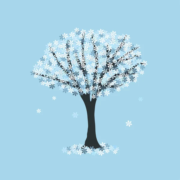 Vetor Inverno Desenhado Mão Árvore Florescente Feita Flocos Neve — Vetor de Stock