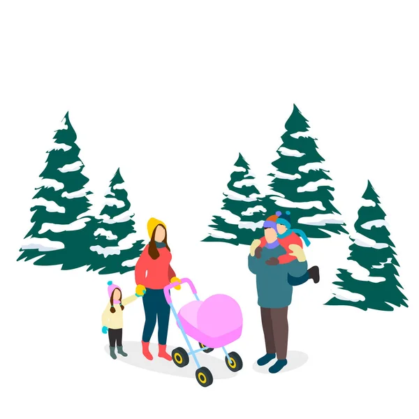 2人の子供と森の中の屋外で冬服のベビーカーを持つベクトル等角白人家族 — ストックベクタ