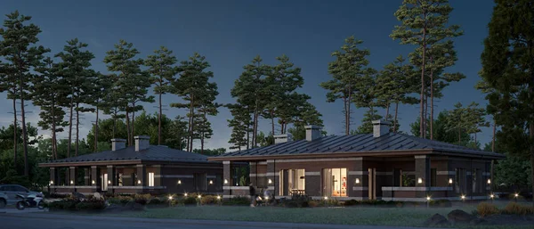 3d render of a modern private house facade, illuminated night view