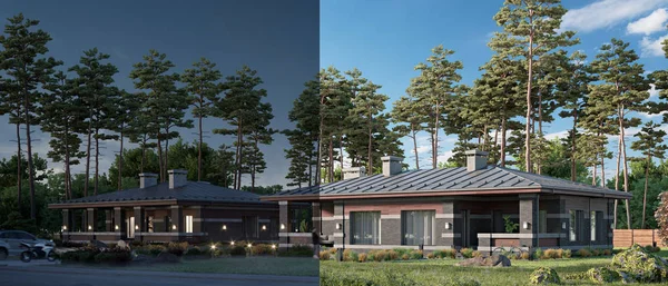 3d rendering of a modern private house, gated community,  day transfers into night concept